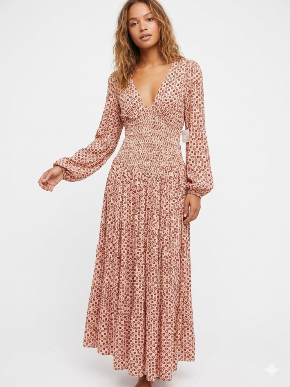Free People Indigo Child Maxi Dress deep V-neck boho Fall NWT sz M long sleeve